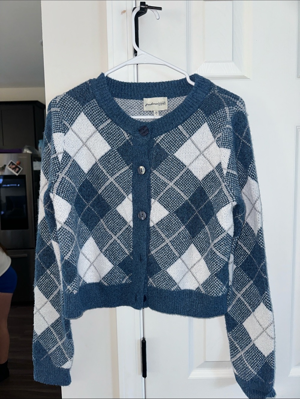 Blue and White Argyle Button-Front Cardigan Sweater